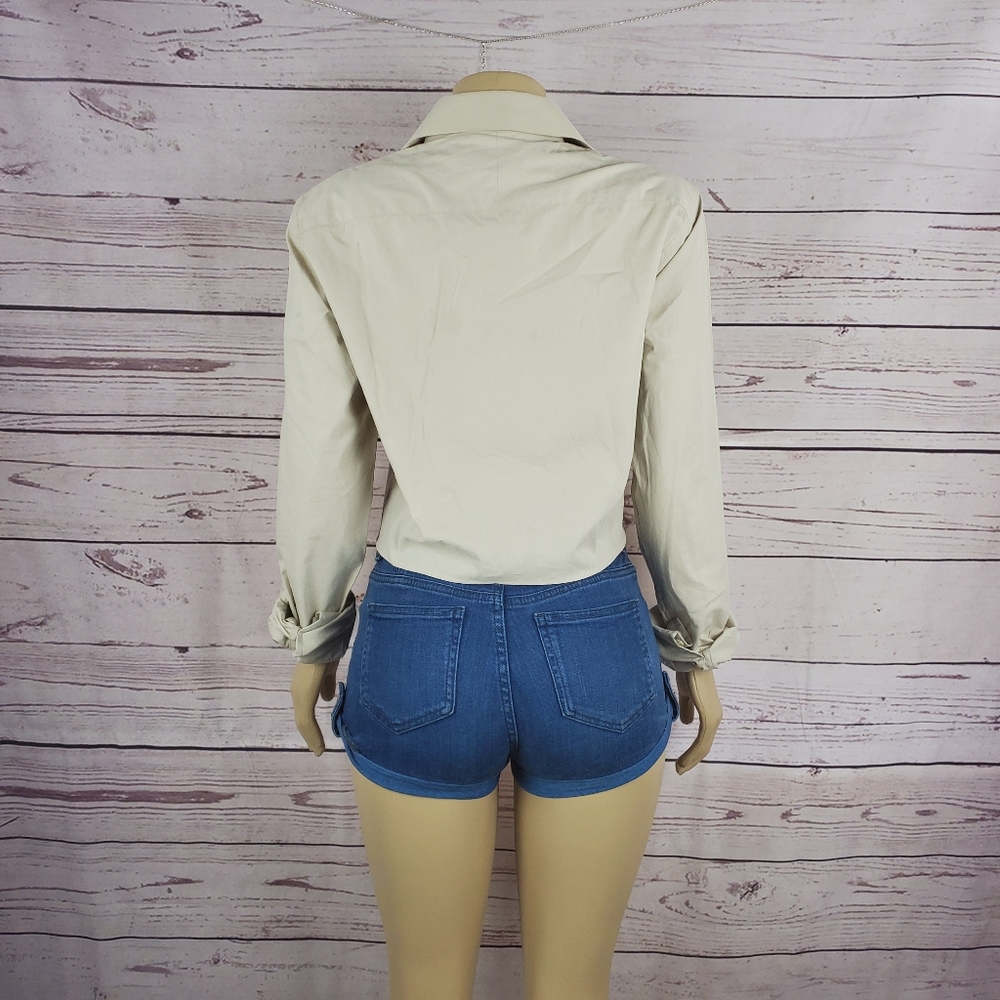 Small Beige Short Sleeve Button Front Crop Top Casual Summer Shirt - Picture 6 of 7